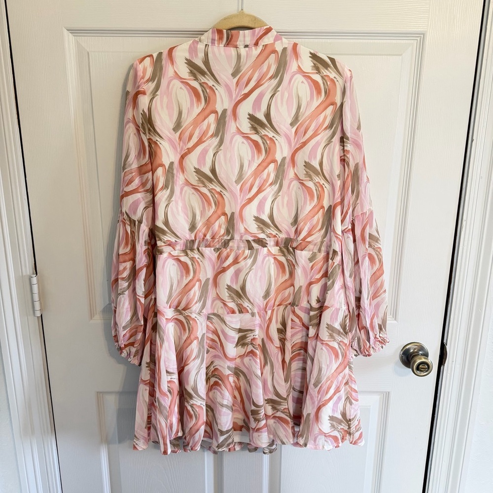 Entro Large Peach Pink Floral Tiered Mini Dress Boho Bell Sleeve - Picture 3 of 8